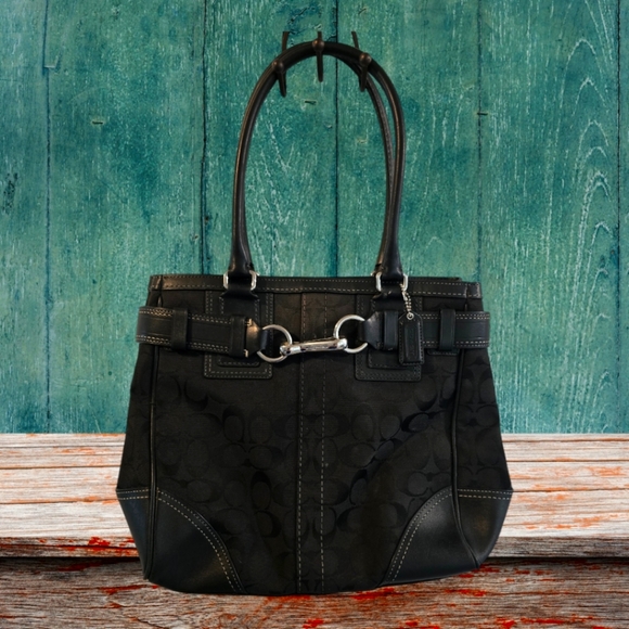 Coach Handbags - Coach Black Jacquard Hampton Signature Belted Shoulder Bag